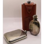 Leather cased chrome travelling spirit flask with four measures and two further flasks