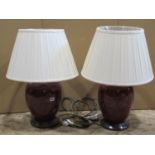 A pair of contemporary oviform glazed ceramic table lamps, with pleated shades, 64cm (total high)