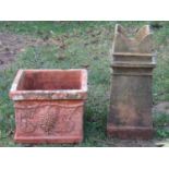 A weathered terracotta square cut and moulded planter, 48 cm square x 36 cm high together with a