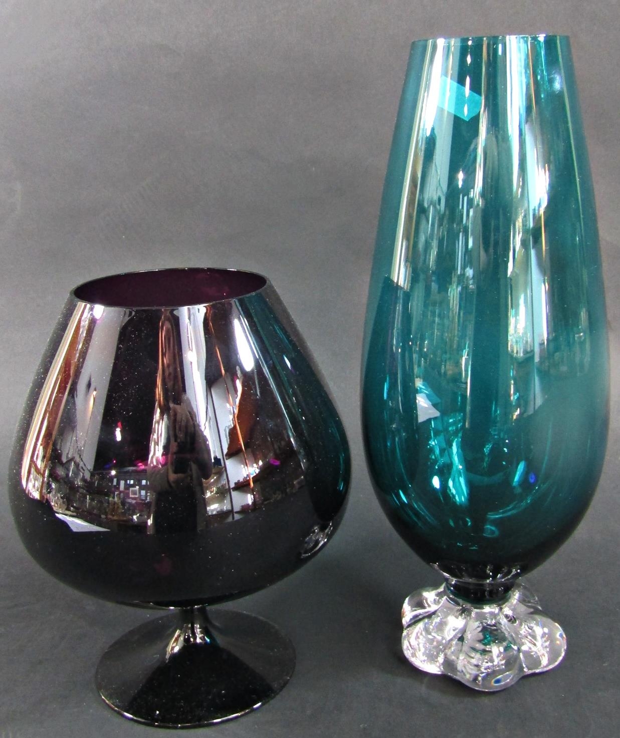 Three modern glass vessels, a tall yellow vase, 47cm, a green glass vase and a large purple brandy - Image 3 of 3