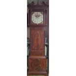 A Regency mahogany longcase clock, the hood with double column supports, painted frieze, swan neck