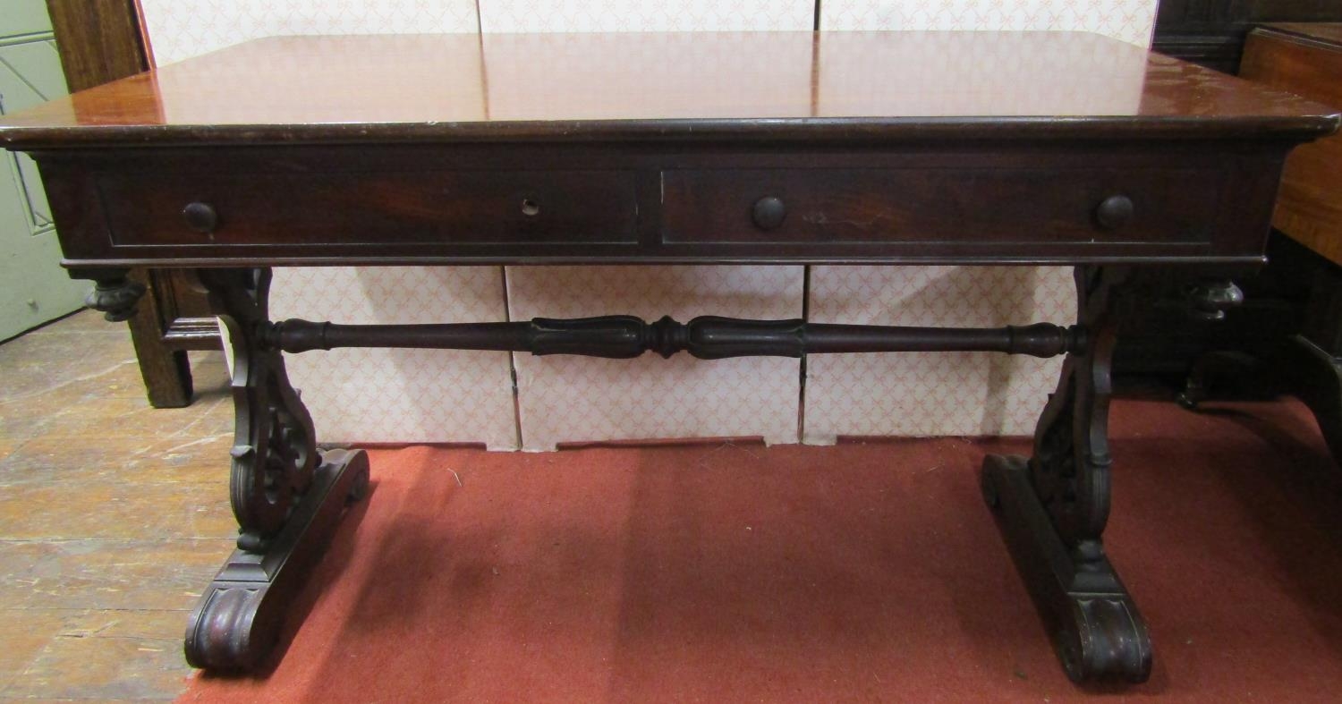 William IV mahogany library table fitted with two real and two dummy frieze drawers, stretcher - Image 4 of 4