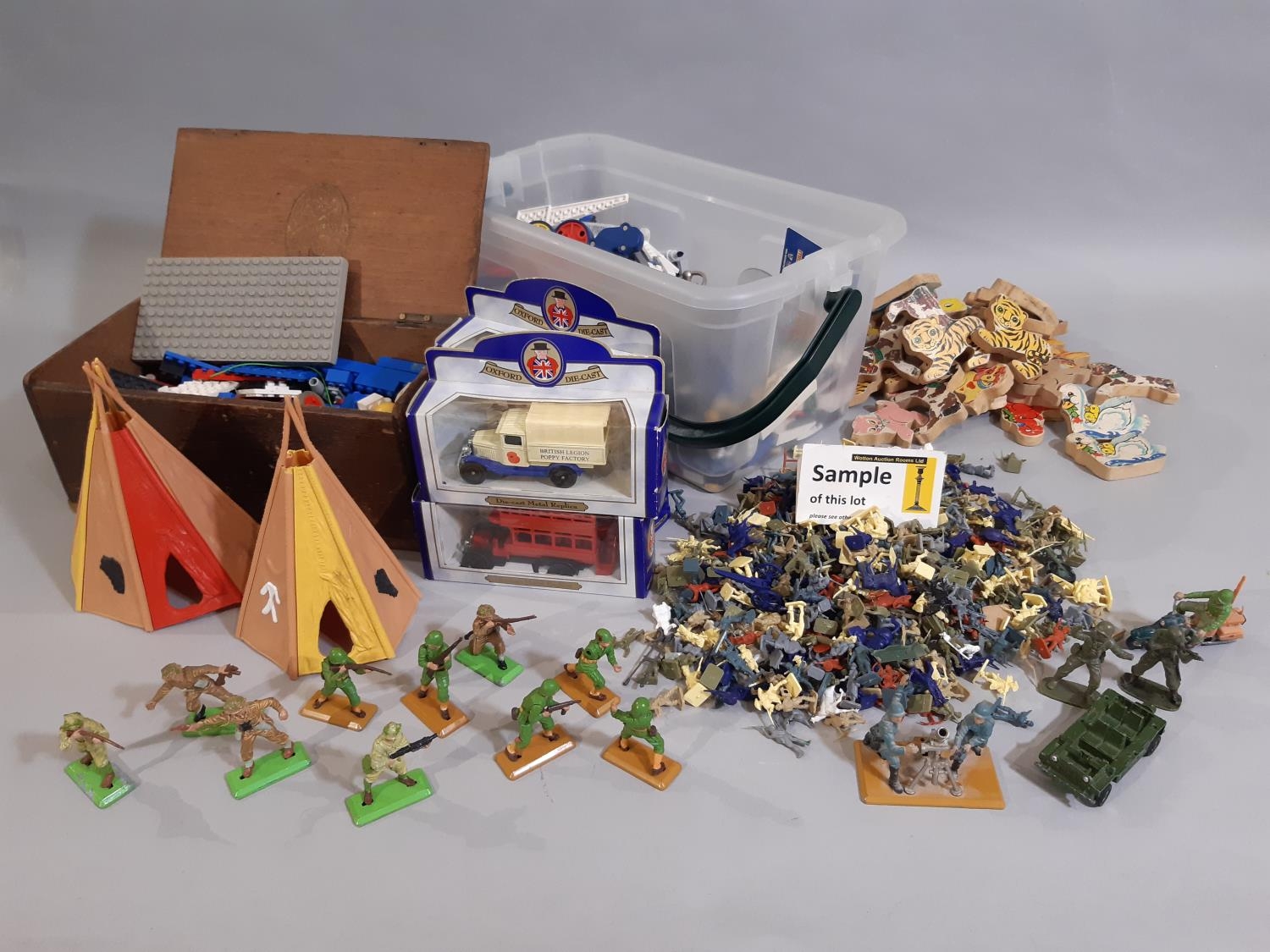 Mixed lot of unboxed toys including Lego, Action Man accessories, Airfix type plastic soldiers,