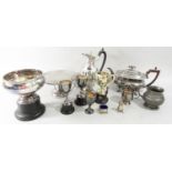 A miscellaneous collection of silver plated items including trophies, tazza , teapot, sugar bowl etc