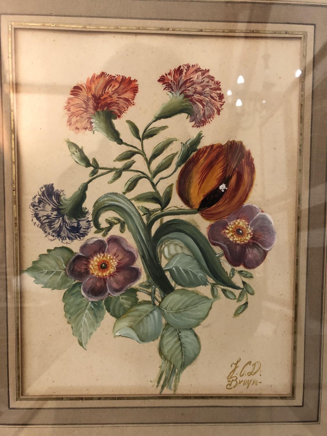 Group of framed works to include: Still life with flowers (19th Century), signed 'J. C. D. Bruyn' - Image 2 of 7