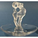 A Lalique frosted Ibex pin tray, script engraved Lalique France, 10cm diam x 9cm high approx.