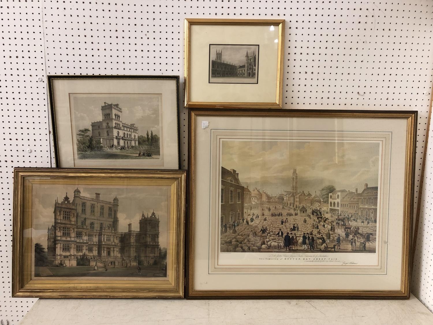 Four framed prints: Joseph Nash, View of the Wollaton Hall, with a gardener cleaning by a fountain