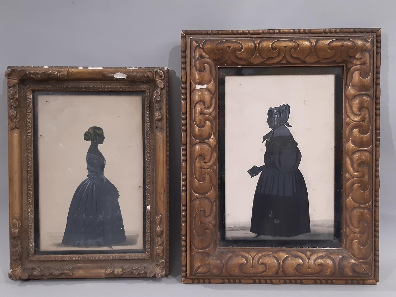 Two 19th century silhouettes of ladies in profile, paper watercolour and gilt paint, Theodosia Heath