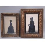 Two 19th century silhouettes of ladies in profile, paper watercolour and gilt paint, Theodosia Heath