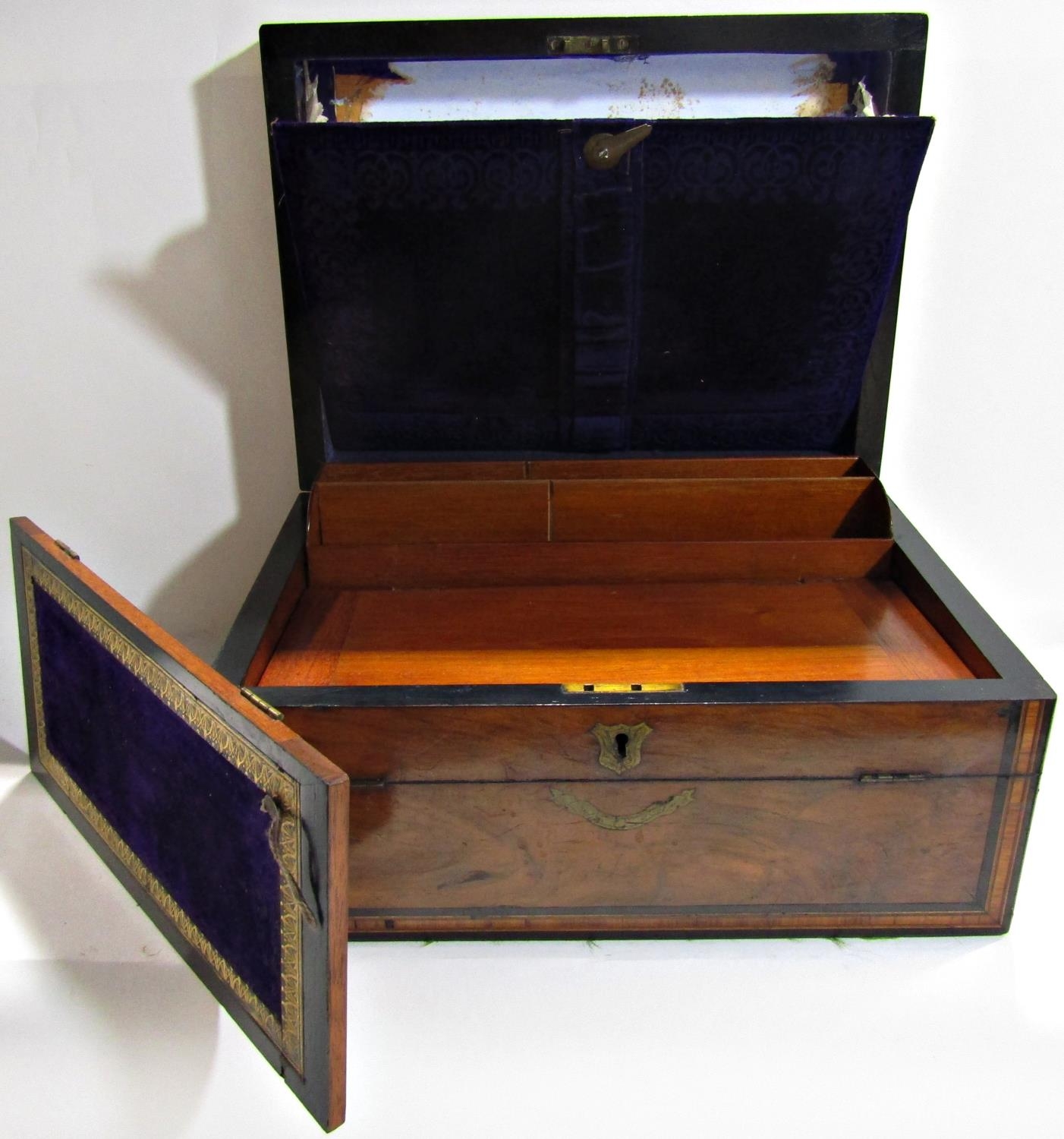 A 19th century walnut, ebony and rosewood strung, writing slope with a hinged front panel and purple - Image 4 of 5