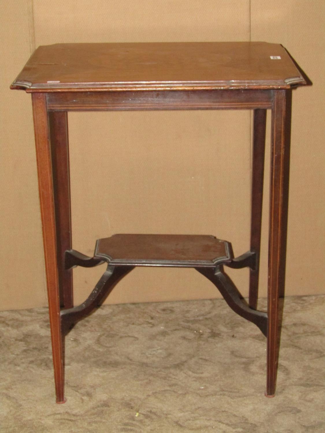 An inlaid Edwardian mahogany occasional table together with a three tier oak tea trolley of - Image 2 of 3