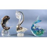 Three Art Glass animal figurines, a dolphin, a fish and a swan. 3