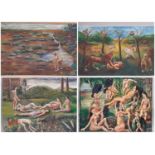 Four oil paintings of surrealist landscapes, depicting nude figures and exotic animals, oil on