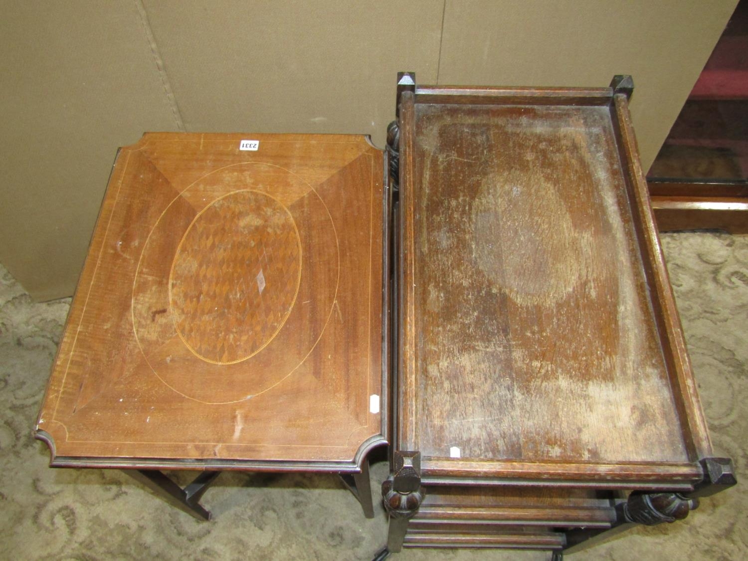 An inlaid Edwardian mahogany occasional table together with a three tier oak tea trolley of - Image 3 of 3