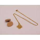 14k Jerusalem cross pendant necklace, 2g and a single 9ct engine turned cufflink, 5g (2)