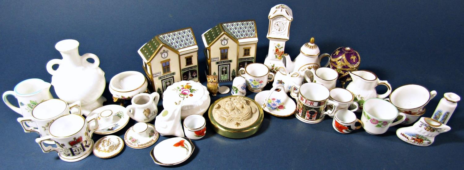 A large collection of miniature ceramics in a Victorian style including Wedgwood Jasperwares,