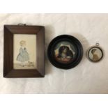 Three 19th century miniature watercolours of children and dog: Profile portrait of girl with toy