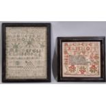 Two eighteenth century needlework samplers, one showing alphabet and the ten commandments dated '