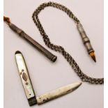 Two S. Mordan silver pencil sleeves and a fruit knife with silver blade and two Russian lacquered