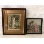 Vintage tapestry sampler together with print of watercolour of girl by water in Edwardian frame with