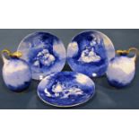 Three Royal Doulton blue children's plates in woodland settings, together with a further pair of