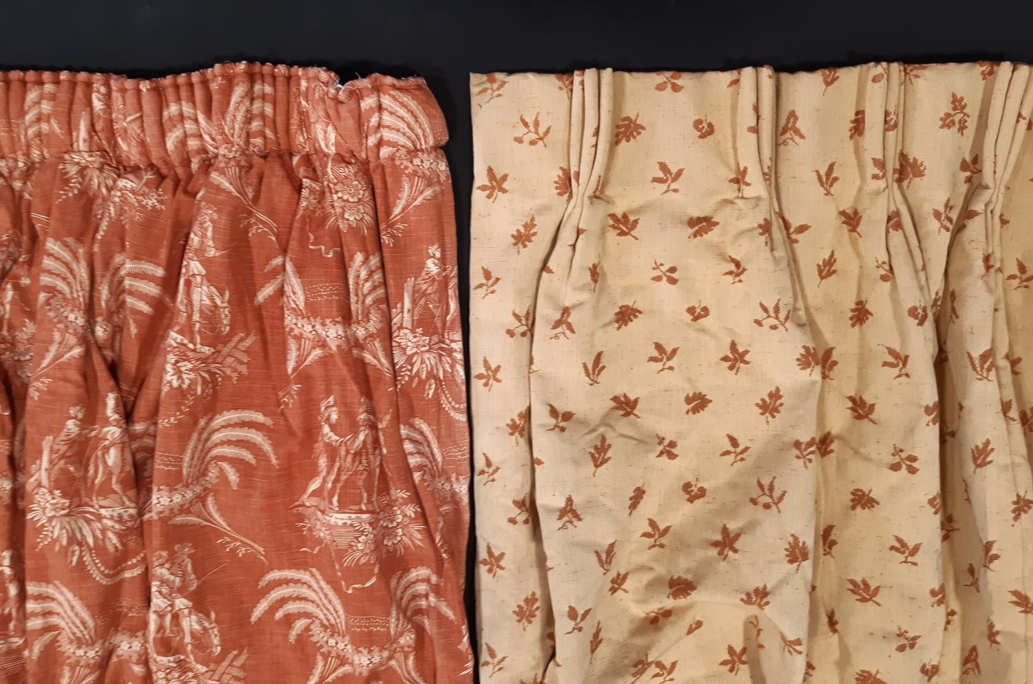 2 pairs of curtains in terracotta/ biscuit shades; 1 pair in 'Danbury' printed fabric by Titley &