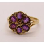 9ct amethyst and diamond daisy cluster ring, size O, 2.5g