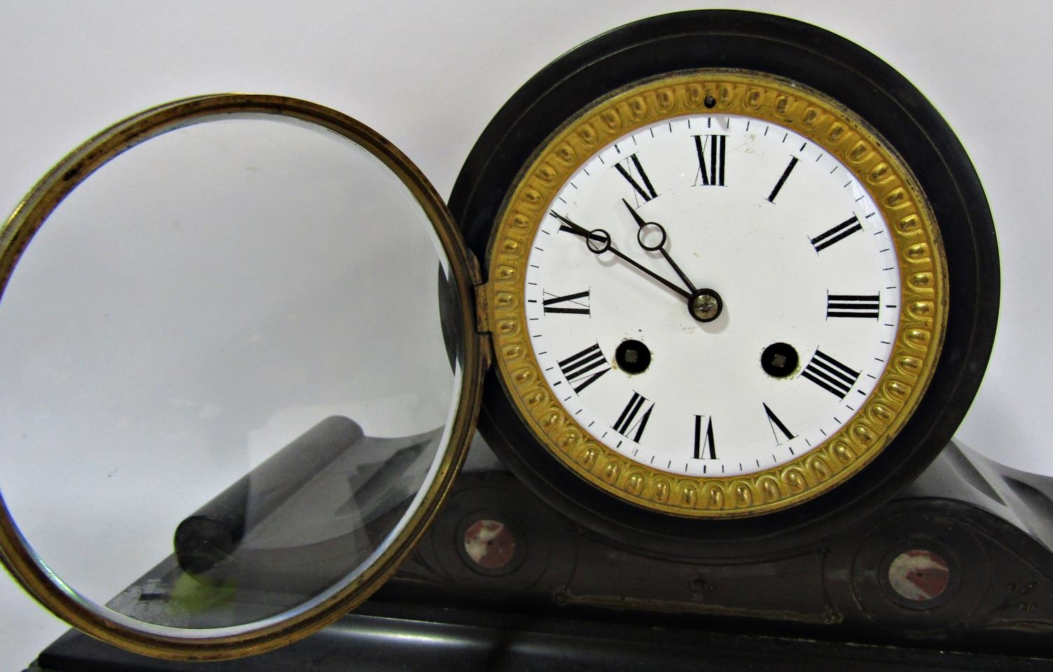 Victorian black slate mantel clock with drum movement, enamel dial and striking action - Image 2 of 3