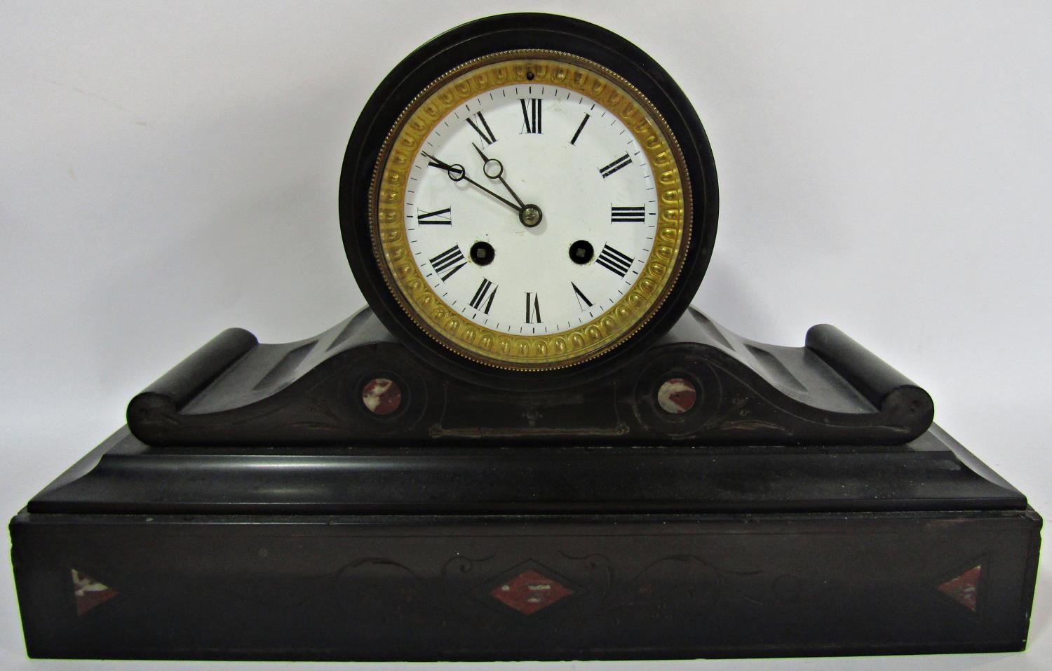 Victorian black slate mantel clock with drum movement, enamel dial and striking action