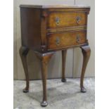 A small reproduction Queen Anne style walnut veneered oak lined two drawer chest raised on