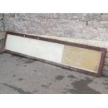 A good quality unusual double sided shallow slender display case with mahogany frame, 234 cm long