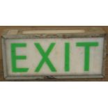 An illuminated rectangular encased box "Exit" sign 43 cm long x 12 cm deep x 19 cm high