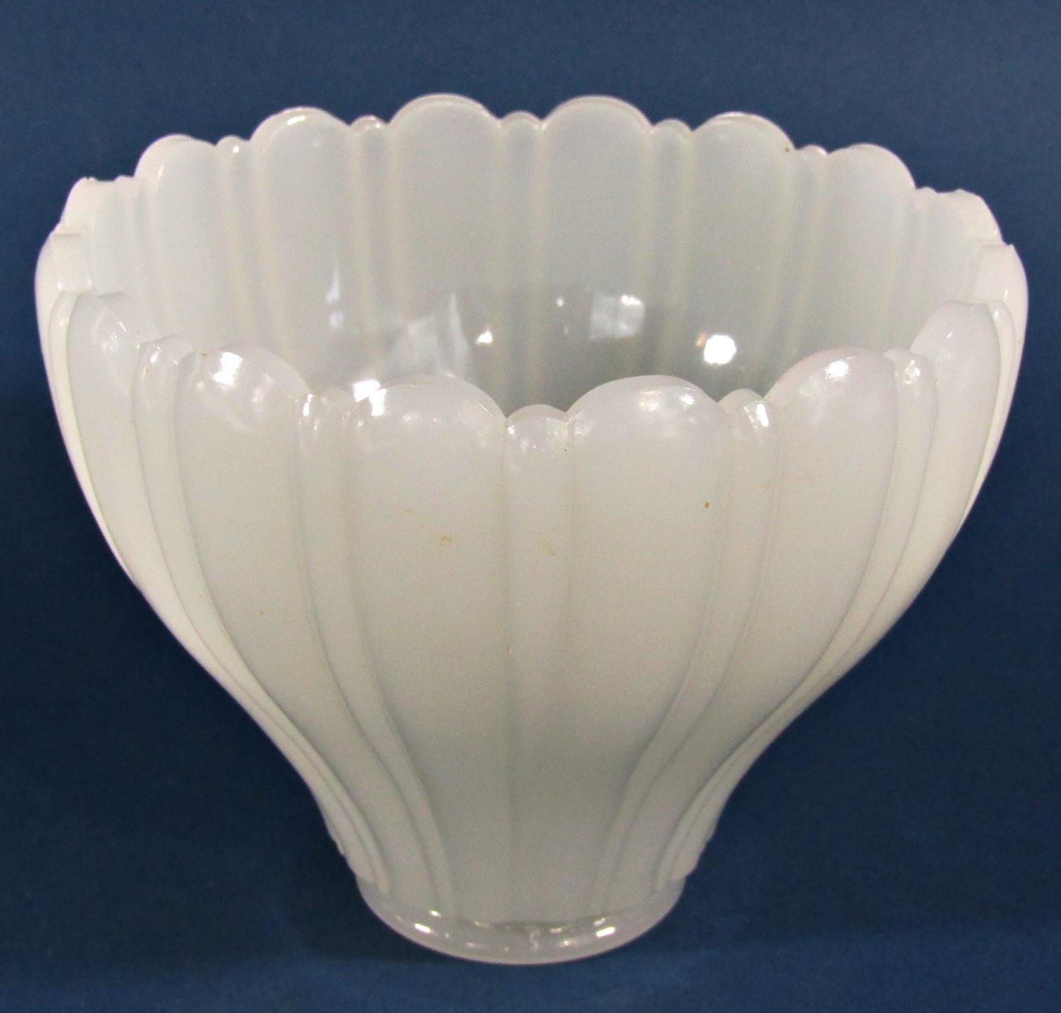 Three Vaseline moulded glass light shades with scalloped edge 12cm high x 14.5cm diam. - Image 2 of 3