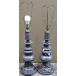 Two pairs of contemporary turned wooden table lamps with painted and distressed finish, 47 cm in