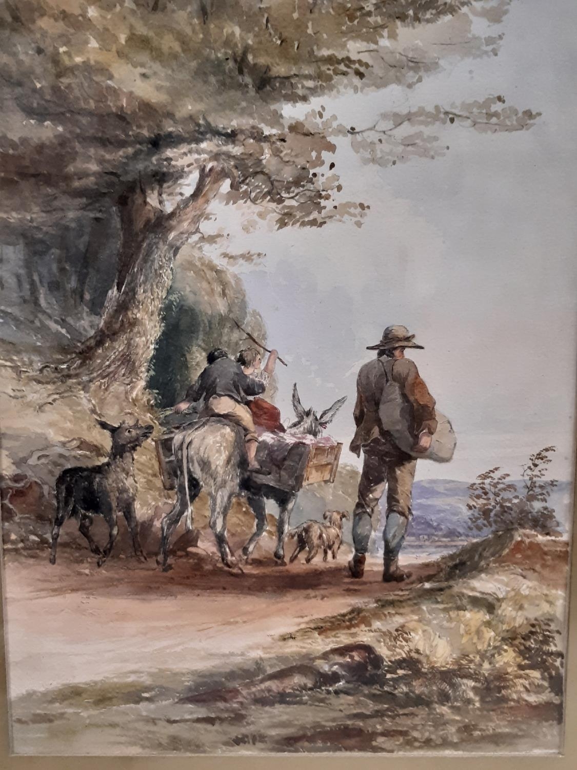 Two framed works: English School, 19th Century - Man, children and animals, walking down the - Image 2 of 2
