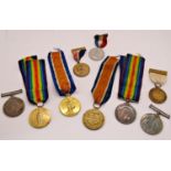 Three WWI 14-18 and four victory medals, coronation and other medallions