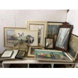 Collection of fifteen framed works and two antique mirrors to include: Audrey Mcleod, watercolour of