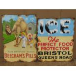 Five vintage style hand painted on board signs advertising Komo metal paste, Bovril, Coopers