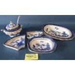 Booths Real Old Willow pattern seven piece hors d'oeuvres set with timber frame and further matching