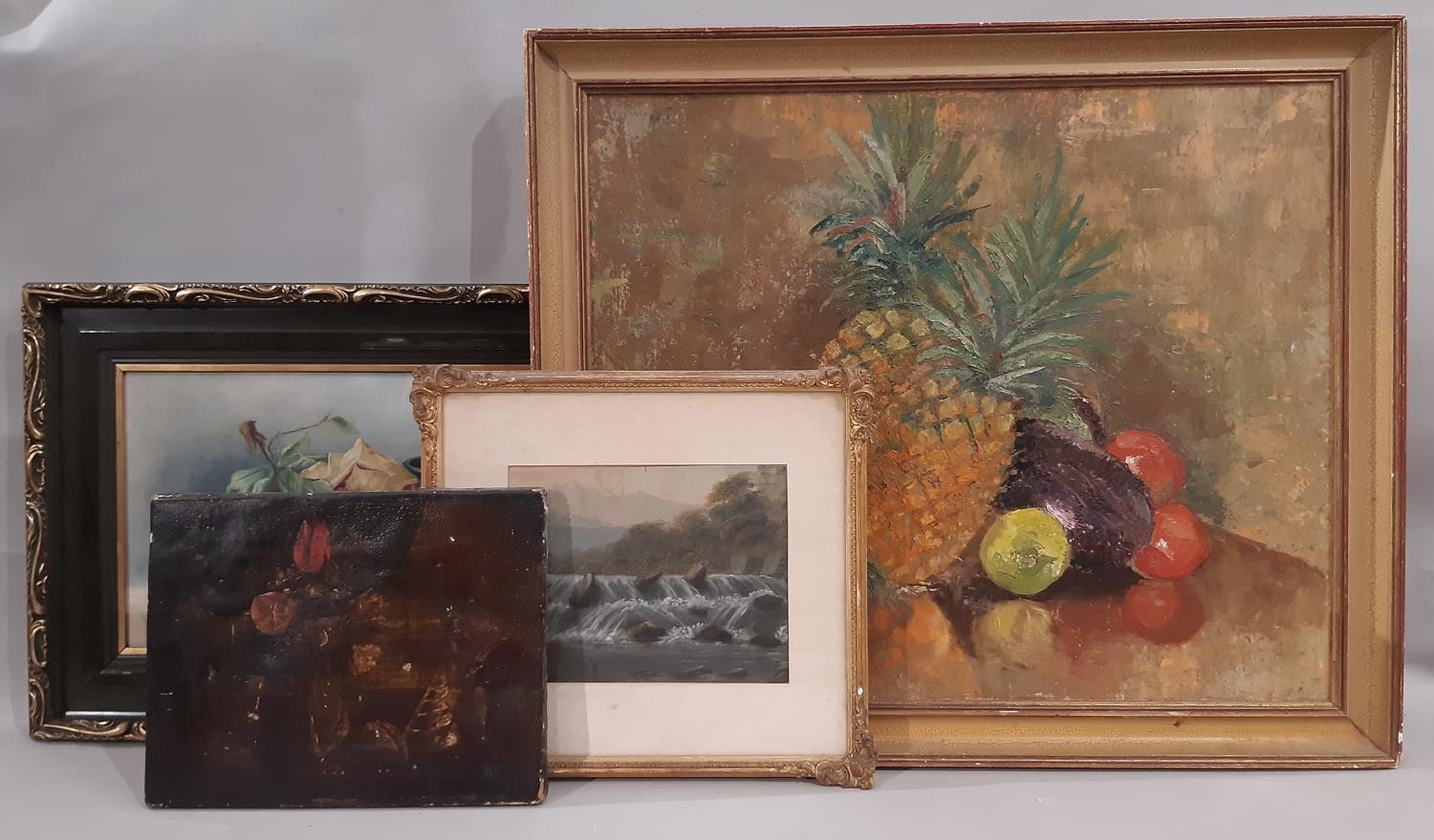 Three still life oil paintings and a watercolour: A. Rothwell - Still life with fruit, oil on