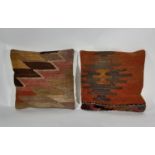 2 cushions with front made from traditional salvaged kelim, backed verso with new cotton fabric with