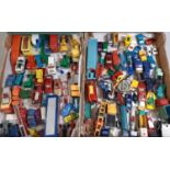 2 trays of model vehicles including Dinky, Corgi, Lesney Matchbox, Norev etc, all playworn, no boxes