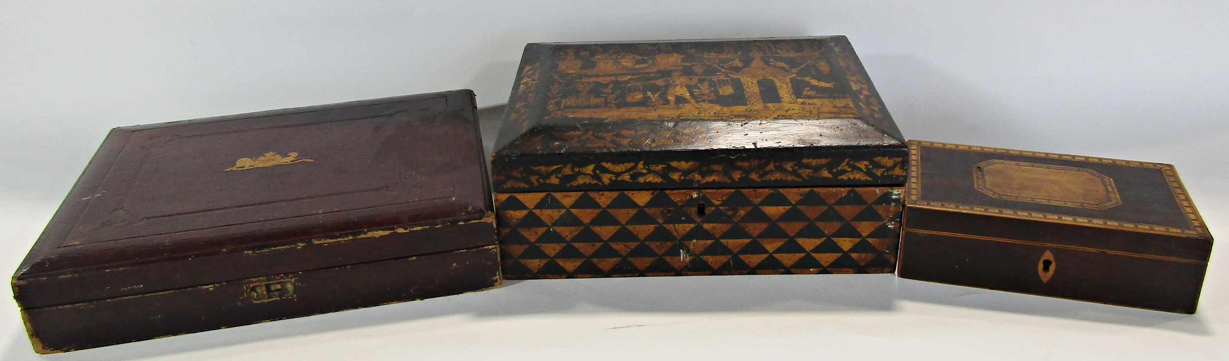 A 19th century Chinese design box with black and gold lacquered finish, a burgundy red leather bound - Image 2 of 6