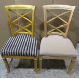 A set of six contemporary reproduction Regency style dining chairs with light beechwood frames,