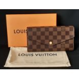'Sarah' wallet by Louis Vuitton (current style) in Damier Ebene canvas with pink leather lining, two