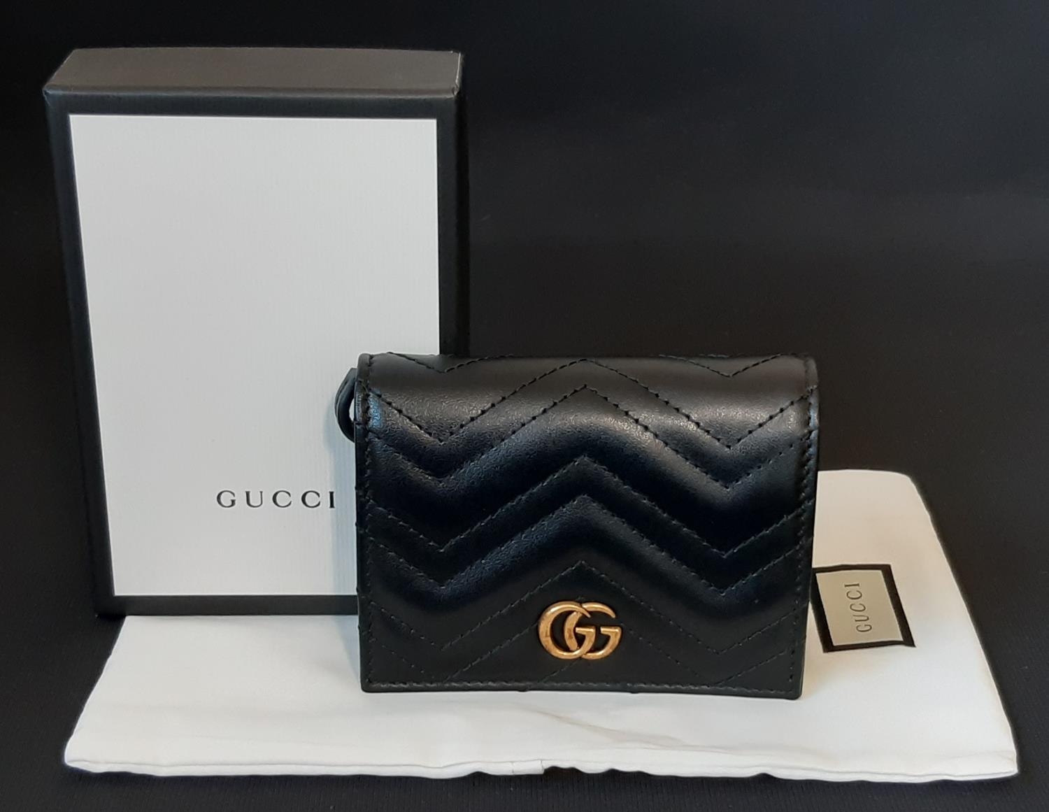 Marmont Card Case Wallet by Gucci (current style) in soft black leather with antique gold toned - Image 2 of 6