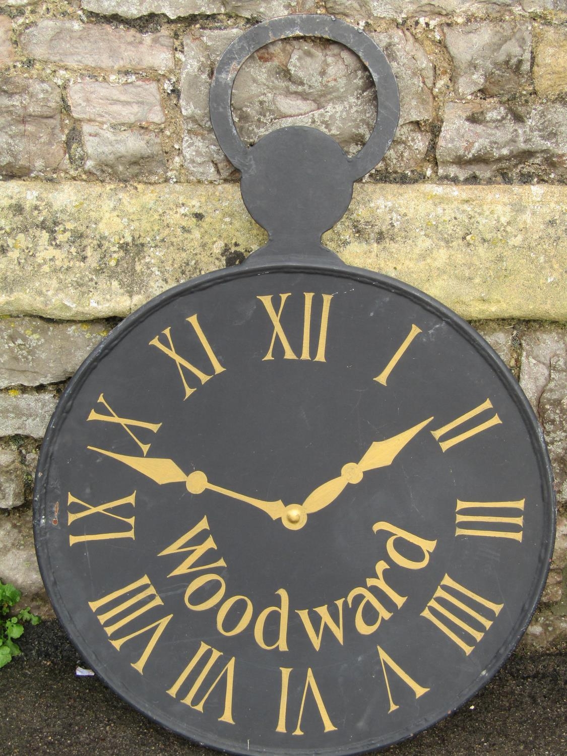 A decorative double sided cast iron sign, in the form of an outsized pocket watch, 62 cm diameter - Image 2 of 2