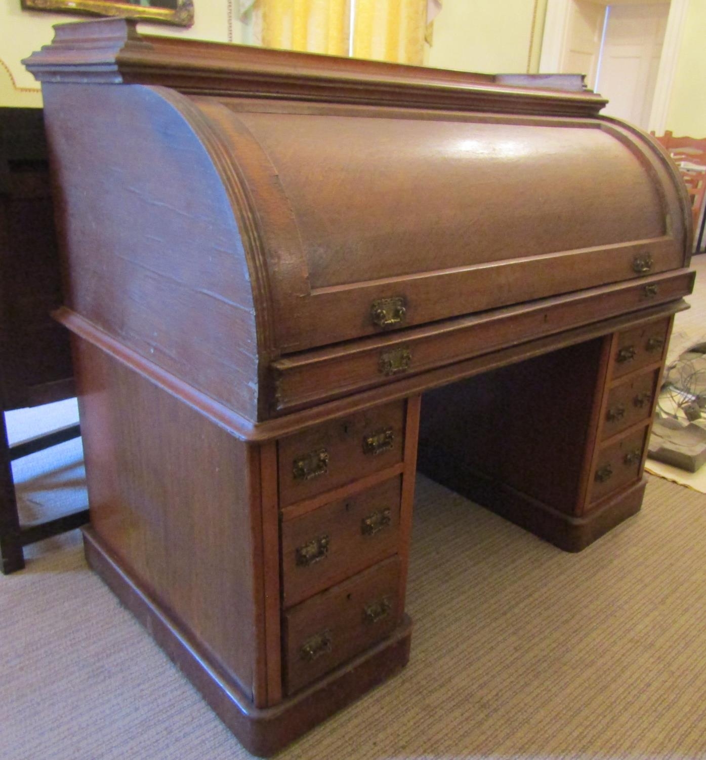 To be viewed at and collected from Nibley House GL11 6DL: A Victorian oak cylinder top desk - Image 2 of 3