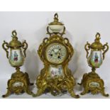 A 19th century French clock garniture with gilded finish porcelain panels and eight day striking