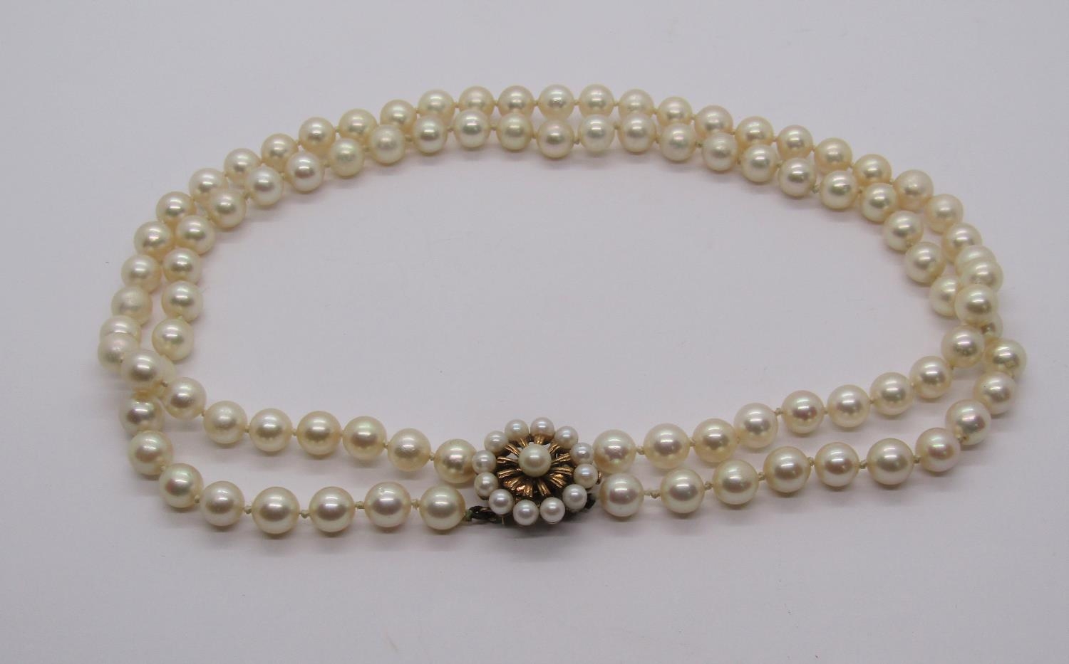 Double strand pearl choker necklace with 9ct pearl cluster clasp (see photograph of 2018 insurance - Image 2 of 4